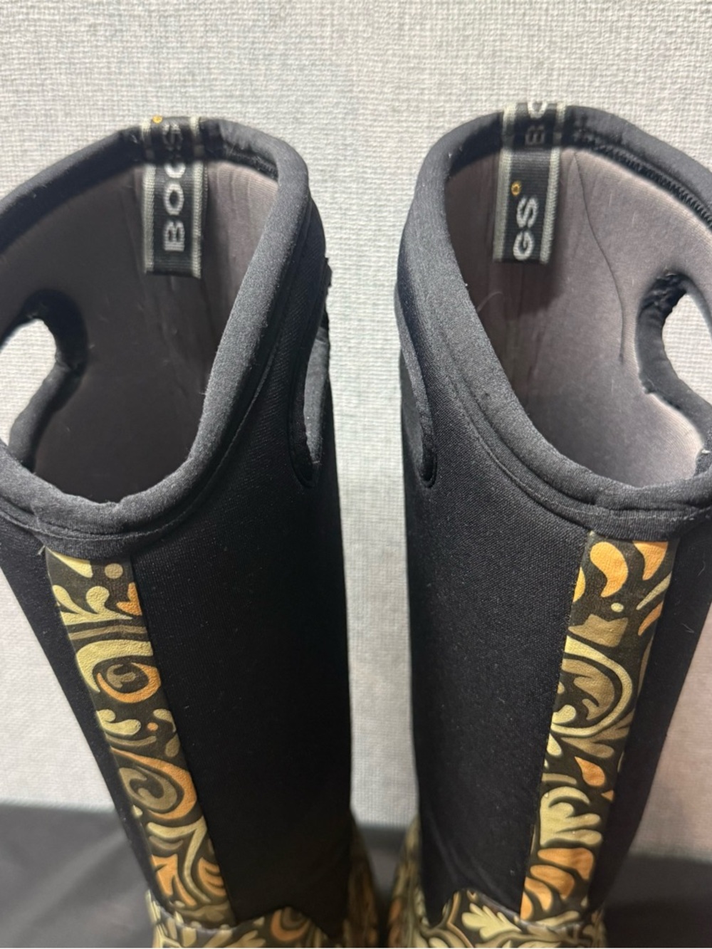 Bogs Black Tall Rain Boots with Olive and Gold Scroll Design - Picture 4 of 11